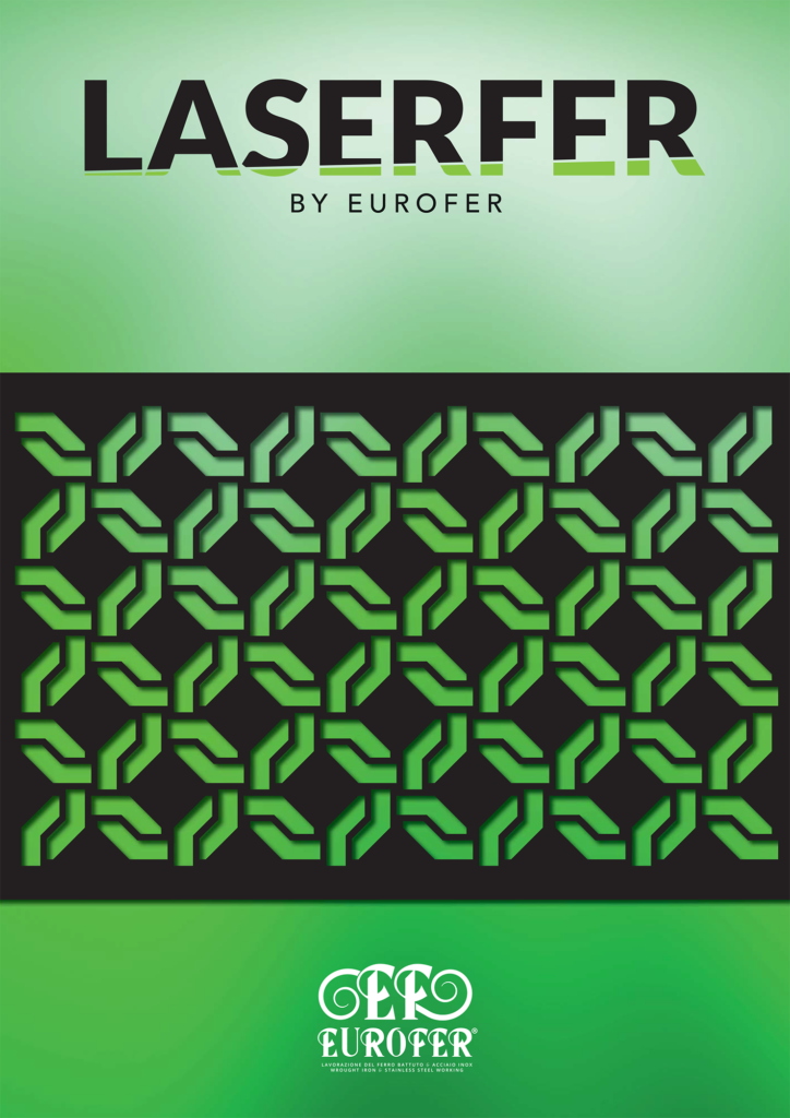 Scritta "LASERFER" su sfondo verde con motivo geometrico.