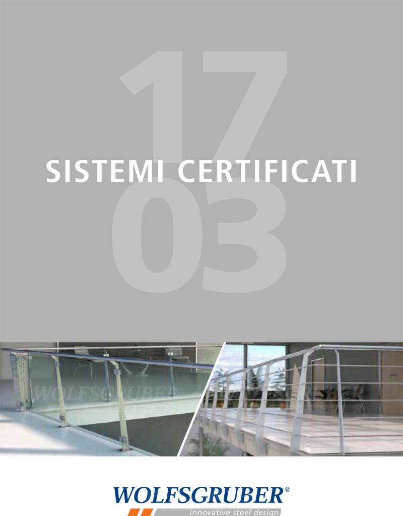 Brochure con immagini di ringhiere in acciaio e vetro.