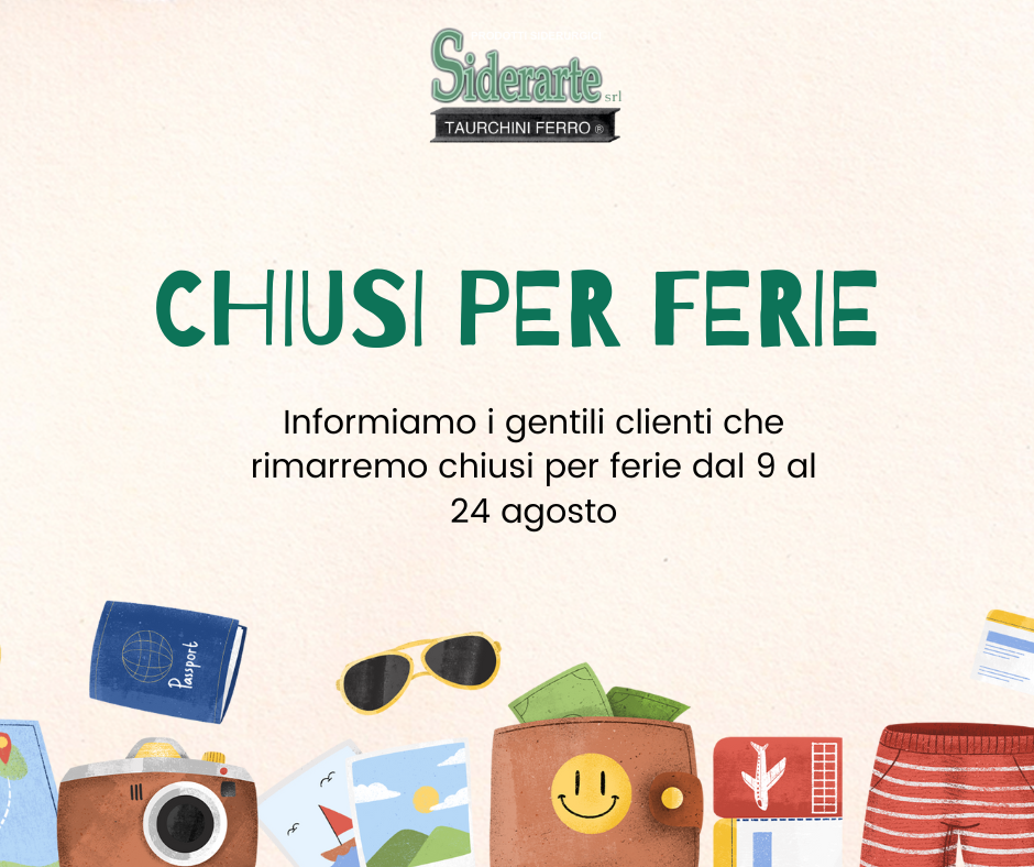 "Avviso chiusura per ferie con immagini estive colorate."
